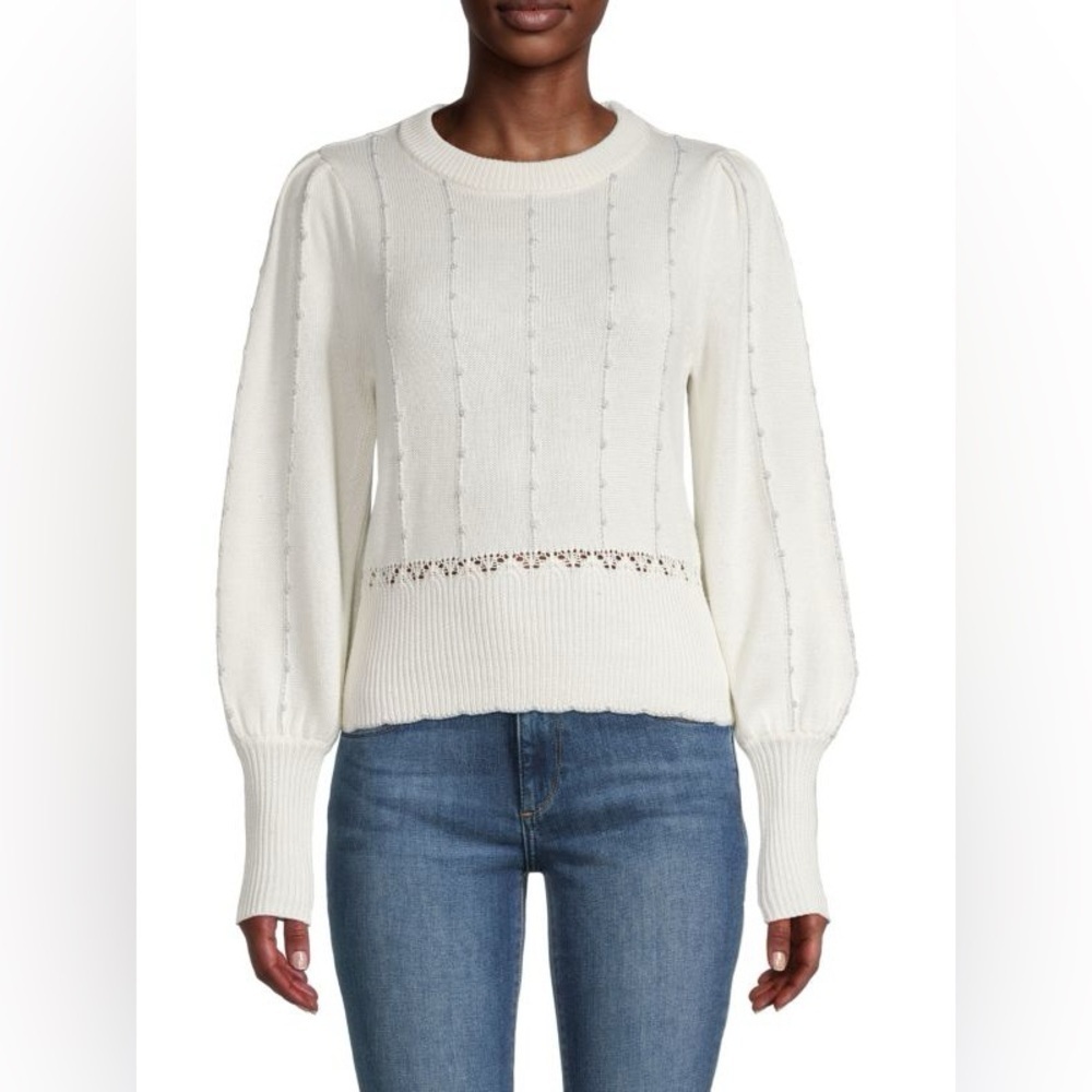 DESIGN 365
Dotted Stripe Pointelle Knit Sweater Cream Silver Size S M Top Winter
